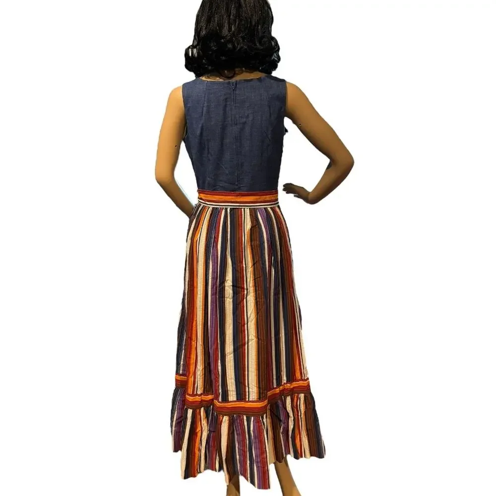 Vintage 1970s PLW Denim & Striped Prairie Midi Dress Boho Belted